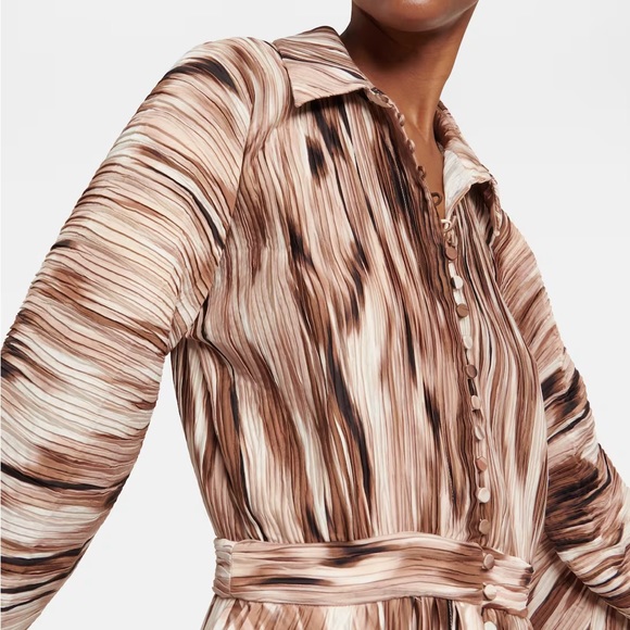 Johnathon SIMKHAI Indiana Printed Plisse Satin Midi Dress Long Sleeve - Picture 4 of 7